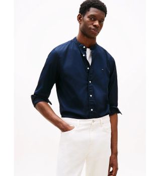 Tommy Hilfiger para hombre. MW0MW39966 Camisa Flex con cuello grandad marino (S), Casual, Algodón, Manga larga