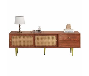 Mueble tv 160x40x60 cm - estilo moderno con puertas correderas de ratán y cajones - nogal y ratán oscuro