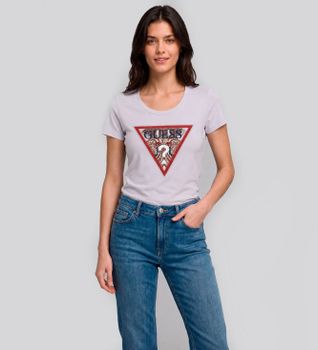 Guess para mujer. W6YI25K4344 Camiseta Triángulo Paisley Manga Corta Blanco (S), Casual, Algodón