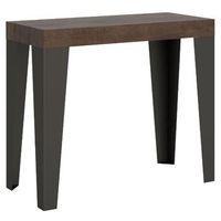 consola extensible diseno flavio en madera y hierro 90x40196 o 90x40300 cm-color marron-soporte 2 pies-3 alargaderas finas