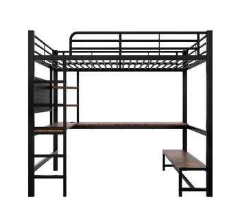 Cama alta 90x200 cm - estructura de hierro, escritorio, barandilla, escalera, estantes, con puerto usb+type-c, con tira led, con panel perforado - negro