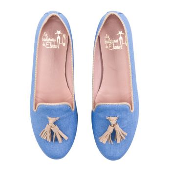 Slipper de lino color azul borlas ante beige - Modelo Ruca.