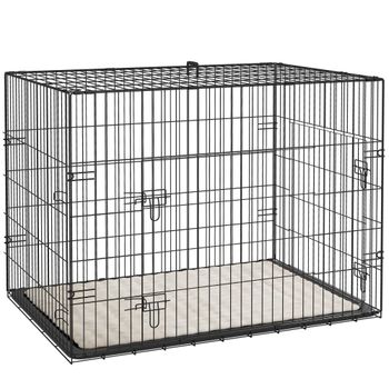 PawHut Jaula para Perros Plegable con Cojín Puertas Bandeja Extraíble y Marco de Alambre Metálico 90x57,5x62 cm Negro y Beige