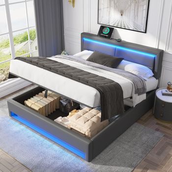 Cama Doble De 140x200 Cm En Color Gris, Con Carga Por Usb E Inducción + Cable, Luces Led De 12 Colores, Cuero Sintético Pu, Sin Colchón