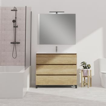 Conjunto De Baño Wink | 100 Cm Nature | Tres Cajones | Lavabo Empotrado | Mueble Montado | No Incluye Espejo | Alday