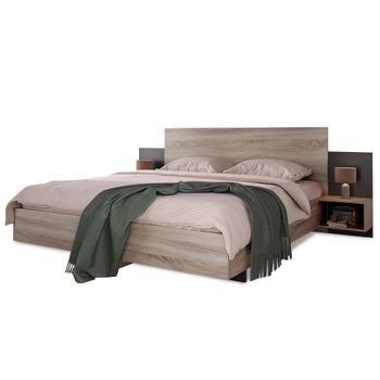 Juego De Cama Con Mesitas De Noche 160 X 200 Cm + Somier - Madera Maciza - Colores: Natural Y Antracita