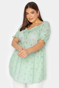 Yours Blusa Verde Menta De Algodón Con Bordados Calados, Mujer Curvy Y Tallas Grandes, Yours