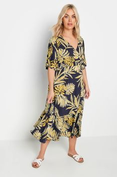 Yours Vestido Cruzado Azul Marino De Hojas Mostaza, Mujer Curvy Y Tallas Grandes, Yours