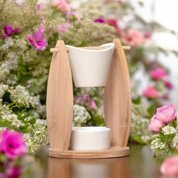 Quemador de perfume de bambú y taza de cerámica lacada blanca - h14cm