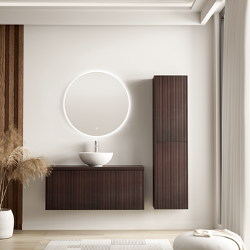 Conjunto Mueble De Baño Nogal Acanalado 100 Cm - Lavabo Blanco - Conjunto Mueble Baño Marrón Acanalado - Mueble Lavabo - Lavabo Sobre Encimera - Columna De Baño [tropani]