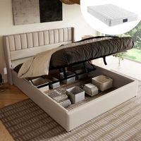 cama contenedor 140 x 200 cm con cabecero - tela de lino - patron de costura vertical - beige  colchon