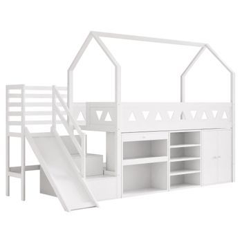 Cama Alta Infantil Blanca 90 X 200 Cm Con Tobogán, Escalera Y Almacenaje