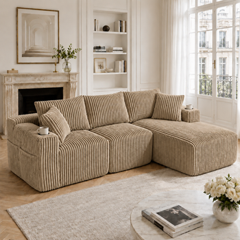 Sofá Modular Con Chaise Longue, 257 Cm, 3 Plazas, Pana Color Caqui