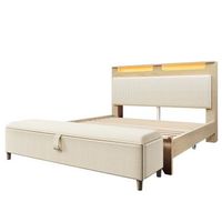 cama 160 x 200 cm efecto roble claro con respaldo de pana beige led y banco de almacenaje