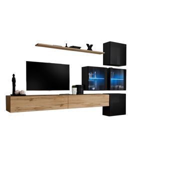 Juego De Muebles De Salón Switch Xix Diseño, Color Roble Wotan Y Negro Brillante.