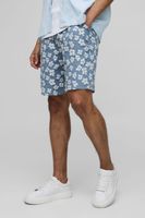 pantalon corto elastico de raso y jacquard con estampado de flores gris