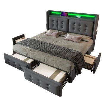 Cama Tapizada 140 X 200 Cm Con 4 Cajones, Cabecero Led, Toma Usb Tipo C - Tejido De Algodón - Gris (sin Colchón)
