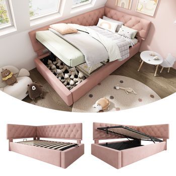 Cama Sofá Acolchada Con Almacenamiento Hidráulico 90x190cm, Somier De Lamas, Madera Y Terciopelo Rosa, Para Niños Y Adolescentes