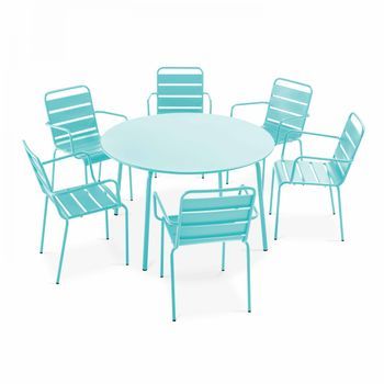 Mesa Redonda De Jardín Y 6 Sillas De Acero Turquesa, Palavas - Oviala