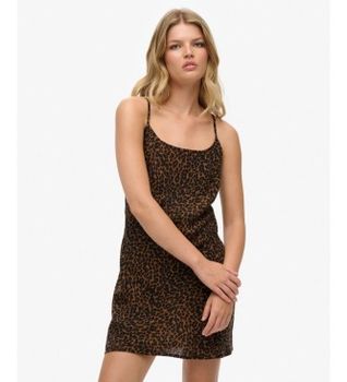 Superdry para mujer. W8012044A Vestido Bias Cut marrón (S), Casual, Animal print, Poliéster, Sin mangas / Tirantes