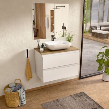Mueble Baño Suspendido 60 Cm Blanco/roble, Lavabo Y Espejo Bellobath