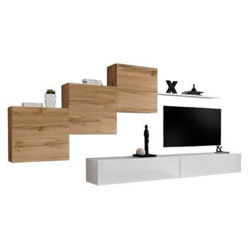 Conjunto De Muebles De Salón Mural Switch X, Diseño En Color Blanco Brillante Y Roble Wotan.