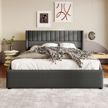 Cama De 160x200 Cm, Con Sistema De Almacenamiento Hidráulico, Cabecero De Lino Con Rayas Verticales, Somier De Láminas Incluido, Color Gris.