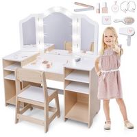 tocador infantil de madera con silla led y accesorios 2 en 1 escritorio
