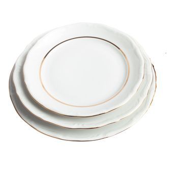 Juego De Vajilla De Porcelana Blanca Con Filo De Oro (18 Piezas) Rhein, 6 Platos Llanos, 6 Platos Hondos, 6 Platos De Postre