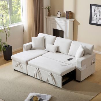 Sofá Cama Esquinero Convertible En L Con Franela Extensible - 214 X 131 X 87 Cm - Cajón Cama Integrado Y Estante - Beige