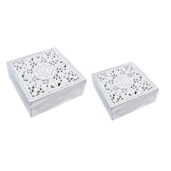 Set de 2 cajas de madera calada blanca decapé 20 x 20 cm