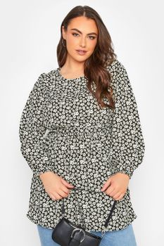 Yours Top Negro Flores Blancas Con Cinturilla Elástica, Mujer Curvy Y Tallas Grandes, Yours