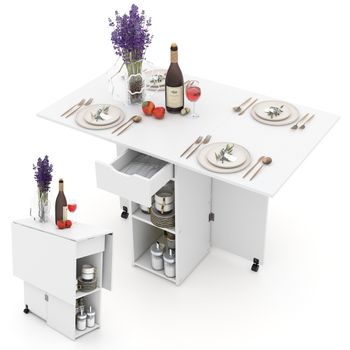 Costway Mesa de Comedor Plegable con 2 Ruedas Mesa Abatible para Espacios Pequeños con Estante Cajón Mesa Consola Versátil para Cocina