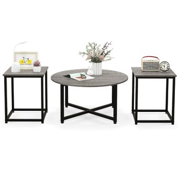 Costway Conjunto de Mesa de Centro Redonda y 2 Mesas Auxiliares Cuadradas con Estructura de Metal Juego de 3 Mesas para Sala de Estar