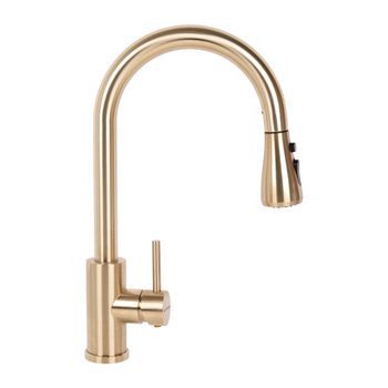 Grifo de cocina dorado extensible con 3 funciones  Material: acero inoxidable 304 cepillado  Rociador ABS cromado  Giro 360° Cofan