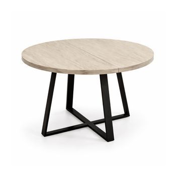 Mesa De Comedor Redonda Extensible Anubis Con Tablero De Melamina En Beige Y Patas Metálicas Negras 76x120-016x120 Cm