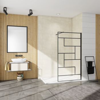 Aica Walkin Mampara Panel De Ducha Serigrafiada De Línea Negra Vidrio Templado De 8mm Antical Con Barra1 90cm Perfil Negro Mate (68-70)x200cm