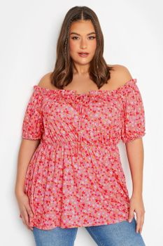 Limited Collection Top Bardot Rosa De Pequeñas Flores, Mujer Curvy Y Tallas Grandes, Limited Collection