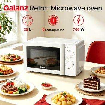 Horno microondas compacto Galanz Willz 20L 700W V7 Blanco, 6 niveles de potencia, función de descongelación, botones mecánicos, interior fácil de limpiar.