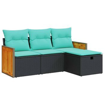 Juego De Sofás Jardín 4 Piezas | Mueble De Jardín Con Cojines Ratán Sintético Negro