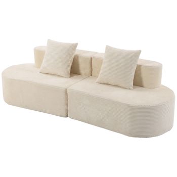 HOMCOM Sofá 3 Plazas Curvado de Terciopelo Acanalado 245 cm con Asiento Profundo y 2 Cojines Crema   Aosom España
