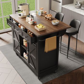 Carrito De Cocina - Negro - Bandeja Plegable - 3 Cajones - 2 Puertas Correderas