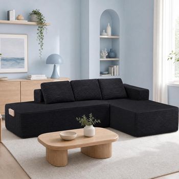 Sofá Esquinero Cama Comhoma 255cm Pana Modular Con Chaiselongue Y Estructura Metálica, Cojines, Bolsillos - Negro