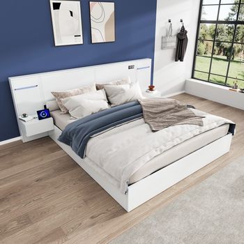 Cama Doble De Madera 160x200 Cm Con Usb, Reloj, Altavoz Bluetooth, Tira De Luces Led, 2 Mesitas De Noche, Blanca