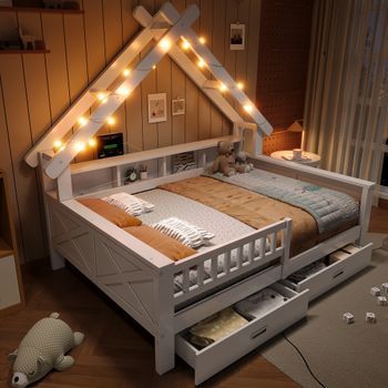 Cama Casita Infantil De 140 X 200 Cm, Blanca, Con Luces Led Y Almacenaje Integrado