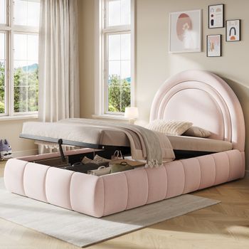 Cama Tapizada Individual Para Niños 90x200 Cm Con Función Hidráulica, Gran Almacenamiento, Somier De Lamas, Cabecera Acolchada De Terciopelo Rosa