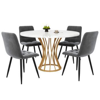 Conjunto Mesa De Cocina, Juego De Comedor 5 Piezas, Mesa Redonda 80 Cm Con Tablero De Mármol Blanco, Sillas De Terciopelo Gris Y Patas De Metal Dorado.