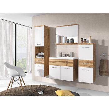 Conjunto De Muebles De Baño Alba, Juego De Muebles De Baño Colgantes, Lavabo Incluido, Color Wotan/blanco Brillo