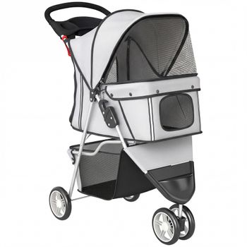 PawHut Carrito para Perros Pequeños Plegable hasta 10 kg con 3 Ruedas Capota Ajustable Cesta Ventanas de Malla Portavasos Gris