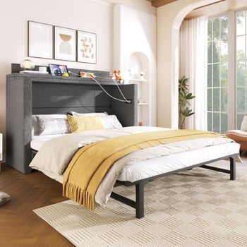Cama Abatible Con Cajón, Puertos Usb Y Usb-c, Recubierta De Lino, Gris, Transformable En Cama Plataforma, 140x200 Cm